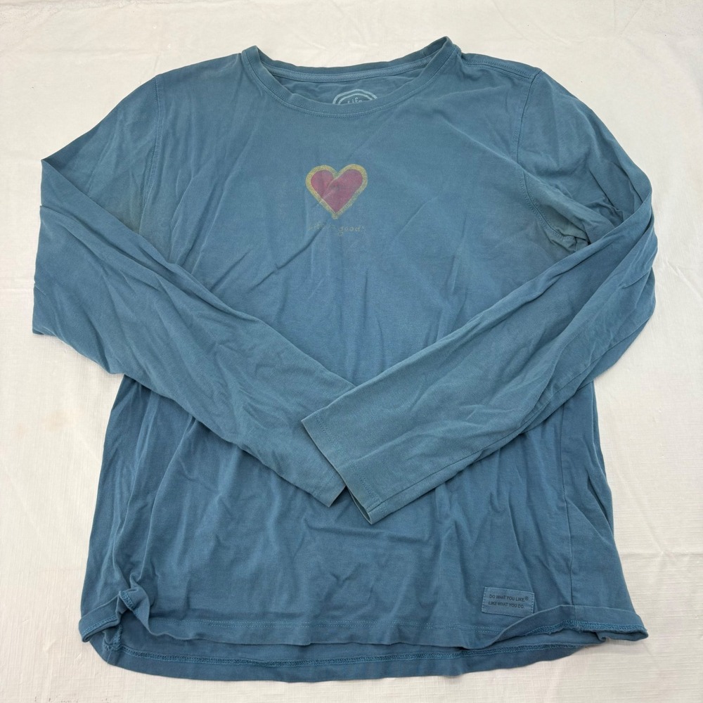 Life is Good Womens Relaxed Fit Heart Graphic Long Sleeve Cotton Tee Blue Size M
